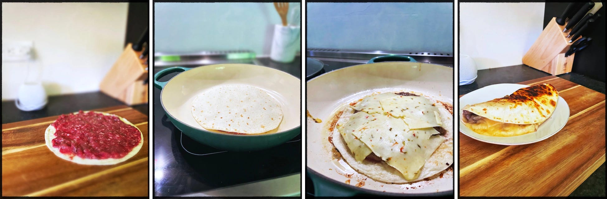 Four images: Meat flat on a tortilla, tortilla flipped in pan, ghost pepper cheese on tortilla in pan, folded final taco.