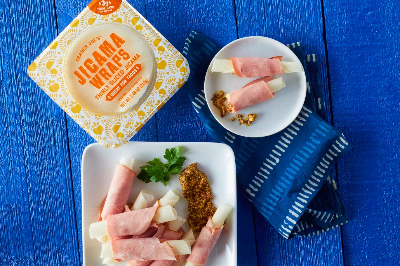 Jicama Wraps package and its contents mixed with ham