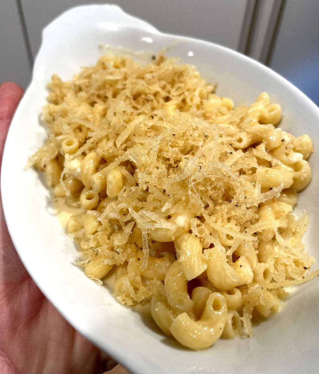 Mac and cheese on plate.