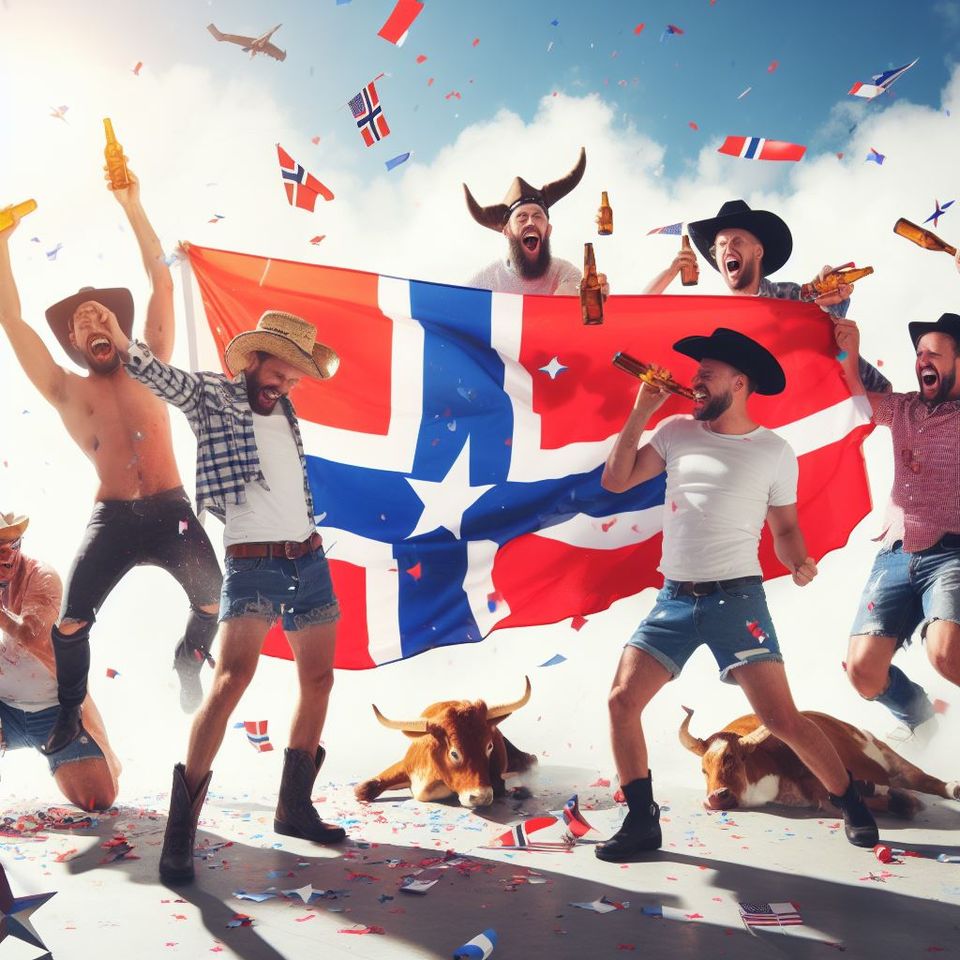 Norwegians and Texans partying in front of a Norwegian flag with a Texas star.